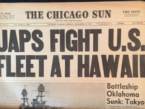 Japs Fight US Fleet At Hawaii headline after Pearl Harbor from The Chicago Sun 12/08/1941