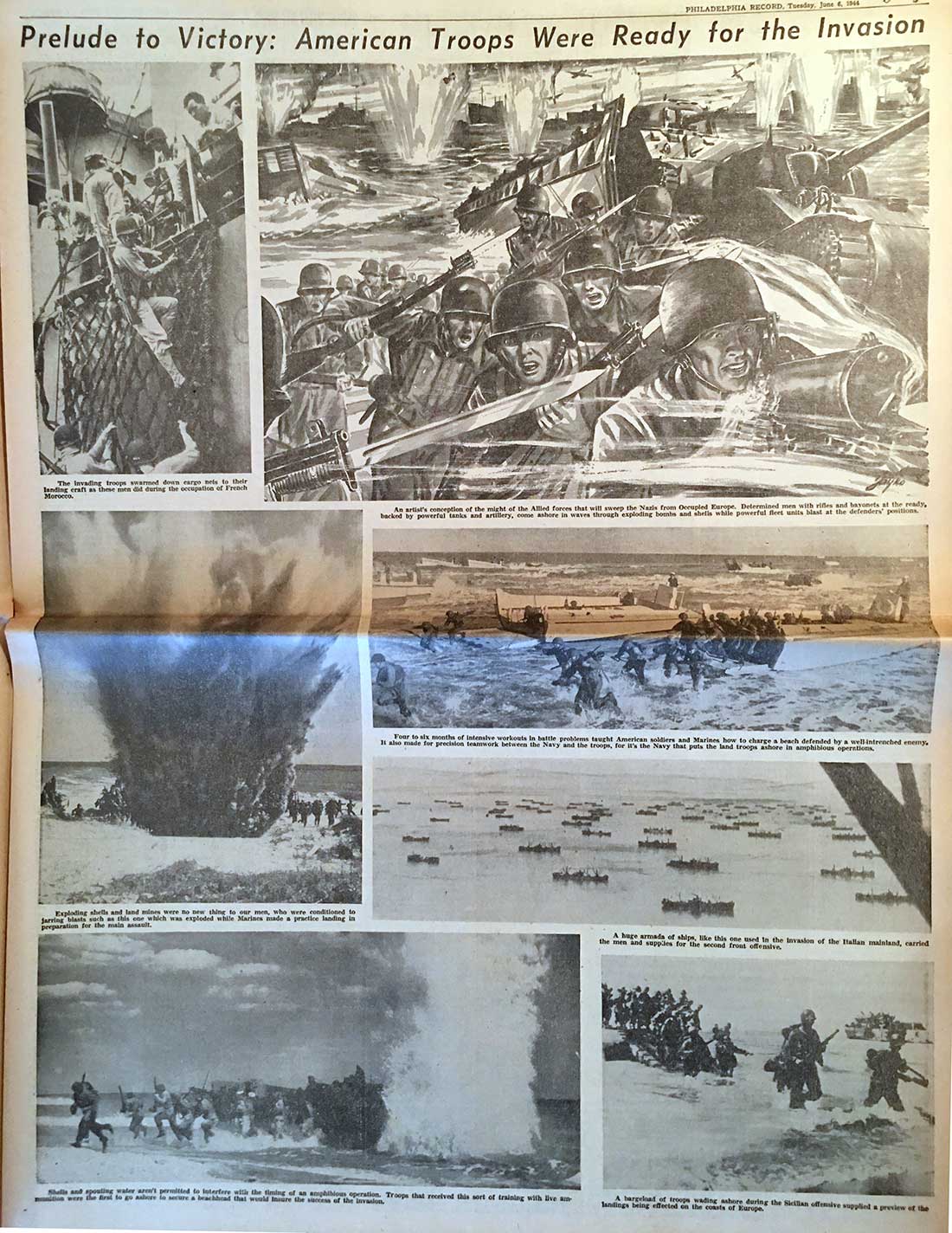 Full page photo spread in advance of the Normandy Invasion from Philadelphia Record 06/06/1944