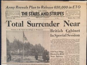 Headline "Total Surrender Near" from the Stars and Stripes 05/07/1945
