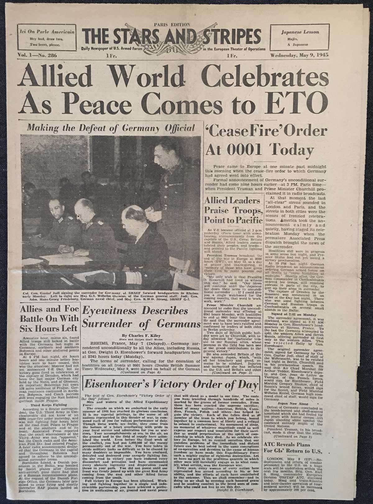 Full front page of the Stars and Stripes from May 9, 1945. Germany signs unconditional surrender.