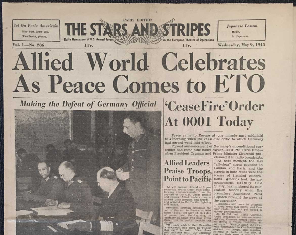 Headline "Allied World Celebrates As Peace Comes to ETO" 05/09/1945