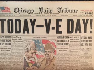 Headline "Today V-E Day!" from the Chicago Daily Tribune, 05/08/1945