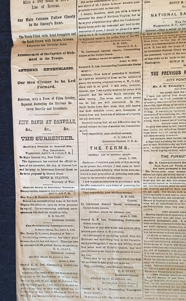 Surrender Of Lee to Grant bottom half headline 04/10/1865.