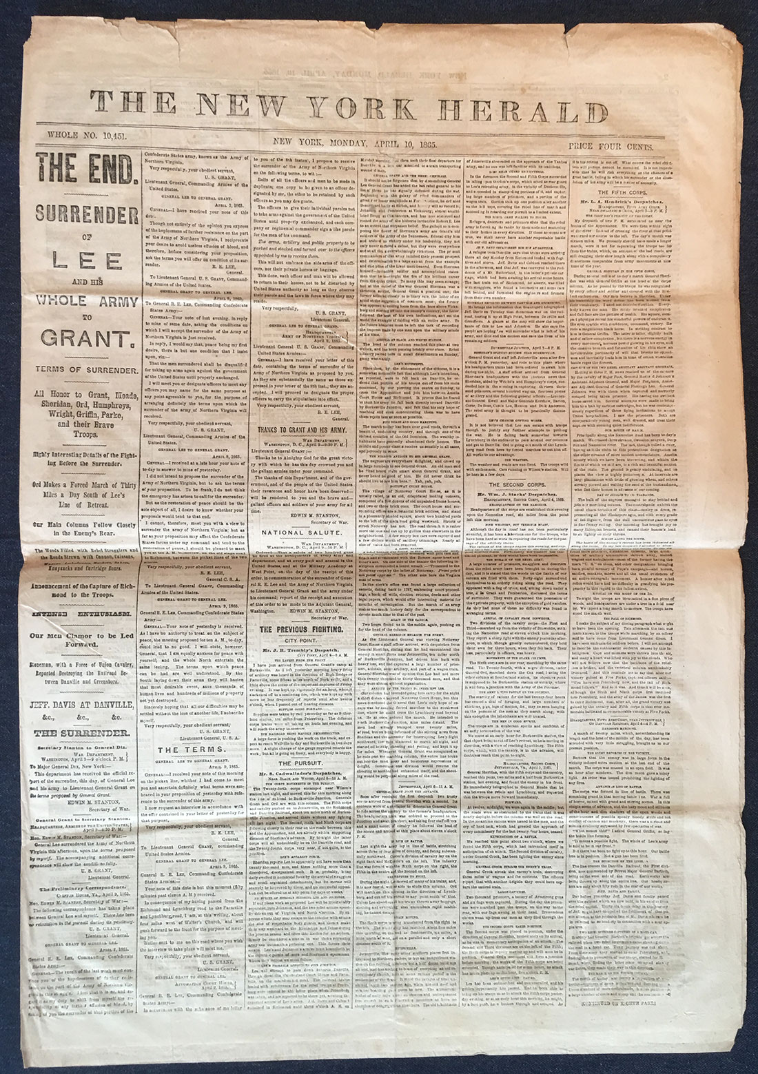 Full front page of the New York Herald 04/10/1895. The Surrender of Lee to Grant.