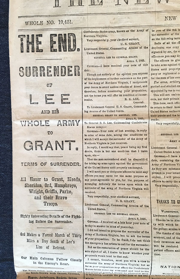 Surrender of Lee to Grant headline top New York Herald 04/10/1865