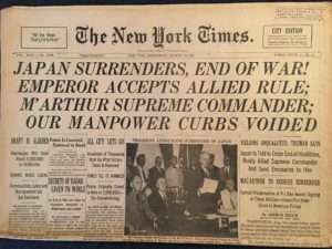 Japan Surrenders headline from the New York Times, Aug 15, 1945