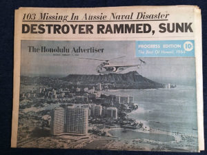 Destroyer Rammed, Sunk headline Honolulu Advertiser from 02/11/1964