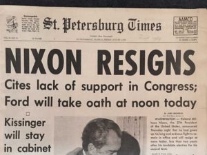 Headline "Nixon Resigns" from the St. Petersburg Times, 08/09/1974