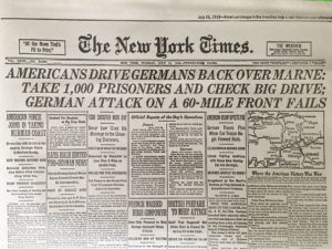 Headline about Americans driving Germans over the Marne in WW1. New York Times front page .