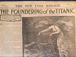 Headline "The Foundering of the Titanic" from the New York Herald 04/21/1912