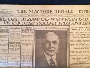 Headline "President Harding Dies In San Francisco" the New York Herald 08/03/1923