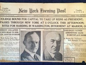 Headline Coolidge Bound For Capital after President Harding dies from New York Evening Post 08/03/1923