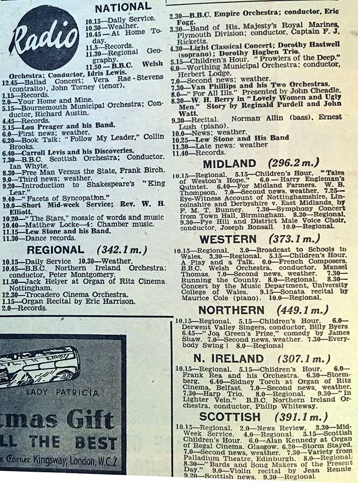 Daily radio schedule for 11/10/1936 from the Daily Mirror